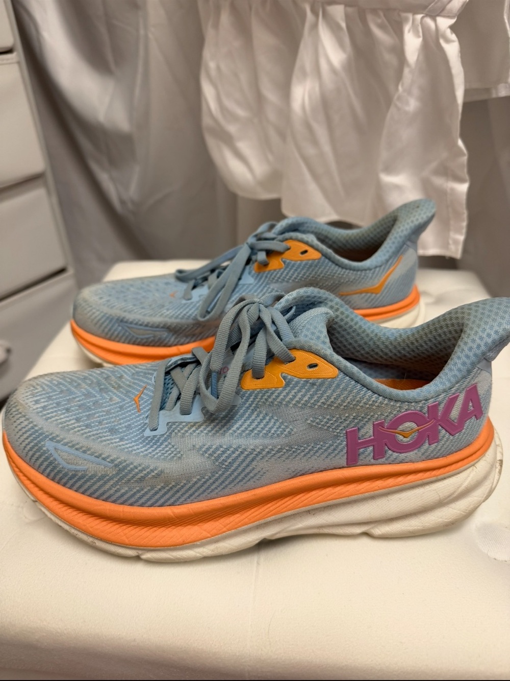 Hoka Clifton 9’s Sneakers - Light Blue and Orange